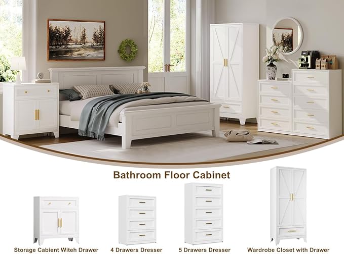 Farmhouse Wardrobe Cabinet with 2 Drawers,Metal Wardrobe Closet with Hanging Rod,Metal Armoire with Adjustable Shelves for Bedroom,Living Room, Cloak Room,Office (White)-DeskLoop Office