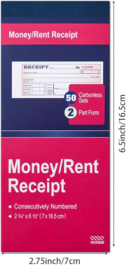 XKDOUS 2 Pack Money and Rent Receipt Book, 2-Part Carbonless, 2-3/4" x 6-1/2" - Image 2