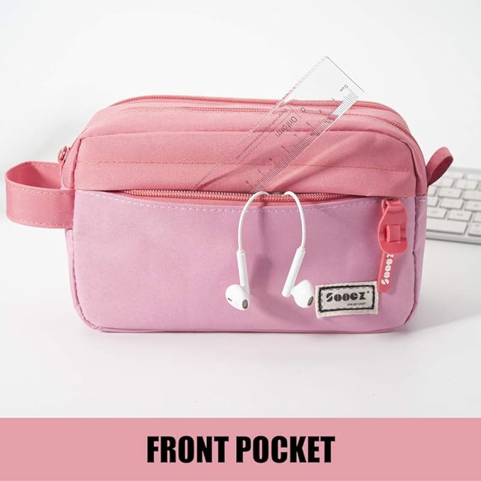 Sooez High Capacity Pencil Case, Big Pencil Bag Pouch Box Organizer Pen Case, Portable Journaling Supplies with Easy Grip Handle & Loop, Asthetic Supply for Girls Adults, Pink-DeskLoop Office