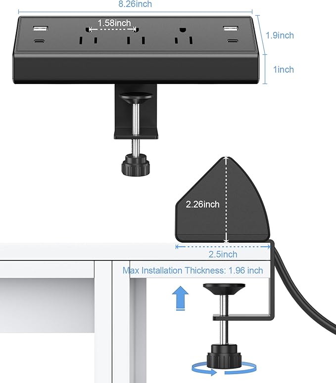 Jgstkcity Desk Clamp Power Strip,40W Total Fast Charging Station,2 PD 20W USB C Ports,Desk Edge Mount Surge Protector for Home, Office,3 Outlets,Fit 1.96" Tabletop Edge,ETL Listed-DeskLoop Office