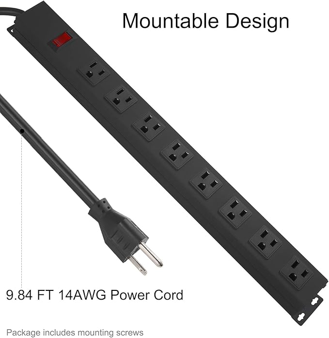 2Pack Metal 8 Outlet Mountable Power Strip, Wall Mount Outlet Heavy Duty, Wide Spaced Commercial Shop Power Strip with Switch, 10 FT SJT 14AWG Power Cord.-DeskLoop Office