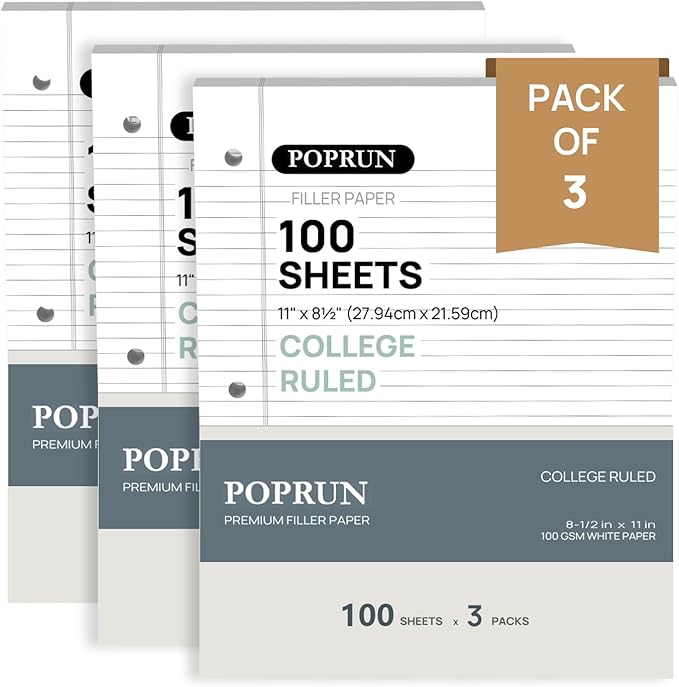 POPRUN Loose Leaf Paper, 8.5" x11" College Ruled, 100GSM / AA Grade Bulk Lined Filler Sheets, 3 Hole Punched for Binder Notebook, Office School Supplies, 3 Pack (300 Sheets)-DeskLoop Office