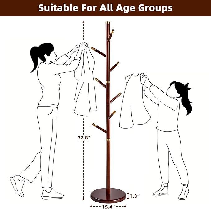 Uniclinens Coat Rack Freestanding Solid Wood Coat Tree Standing with 7 Hooks, Coat Rack Stand Creative Tree Branch-look (Walnut)-DeskLoop Office