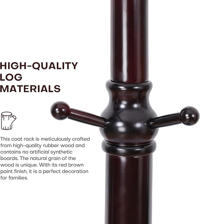 Coat Rack Tree Freestanding with Hooks, Heavy Duty Standing Wood Coat Rack with Solid Round Base, 74” Tree Shaped Coat Hanger Stand for Clothes, Hat, Jacket, Entryway Bedroom, Red Brown-DeskLoop Office