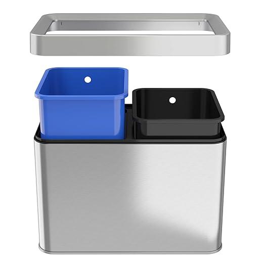 iTouchless with 2 Stickers, Compartment Slim Stainless Steel Container, 5.3 Gallon Waste Trash Can & Recycle Bin, 20 Liter/5.3Gal, Open Top, Dual-DeskLoop Office