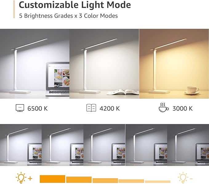 Lepro LED Desk Lamp with USB Charging Port Dimmable Home Office Touch Control Reading Table Lamp,3 Color Modes with 5 Brightness Level, School Dorm Room Essentials, Task Lamp, Sewing, Crafting, White-DeskLoop Office