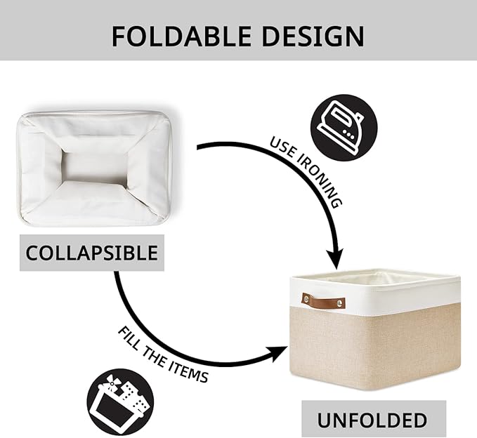 DULLEMELO Fabric Storage Bins for Laundry, Home, Foldable Storage Baskets for Shelves, Toys, Collapsible Storage Bins for Office, Closet,Bedroom(White&Khaki,15"x11"x9.5",4-Pack)-DeskLoop Office
