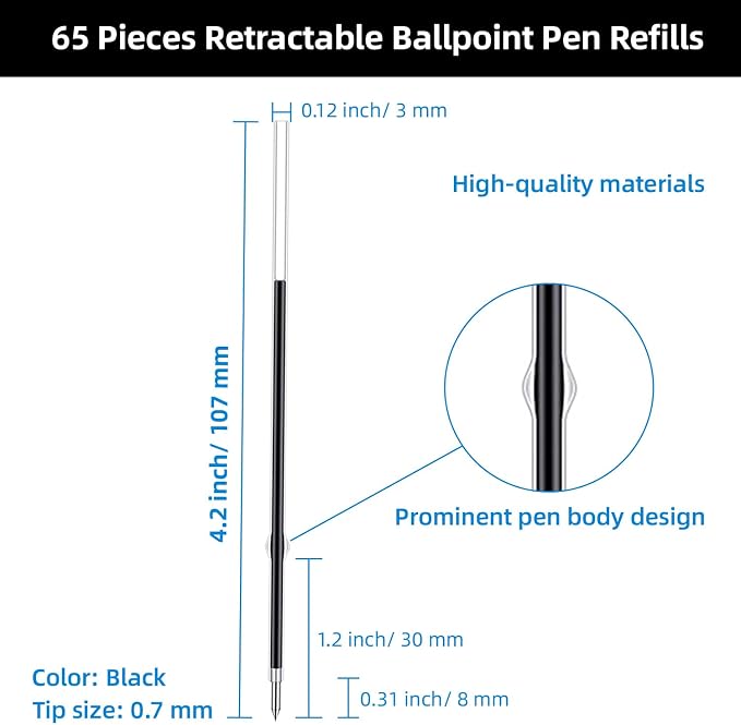 65 Pieces Retractable Ballpoint Pen Refills Replacement Ballpoint Pen Refills - Image 2