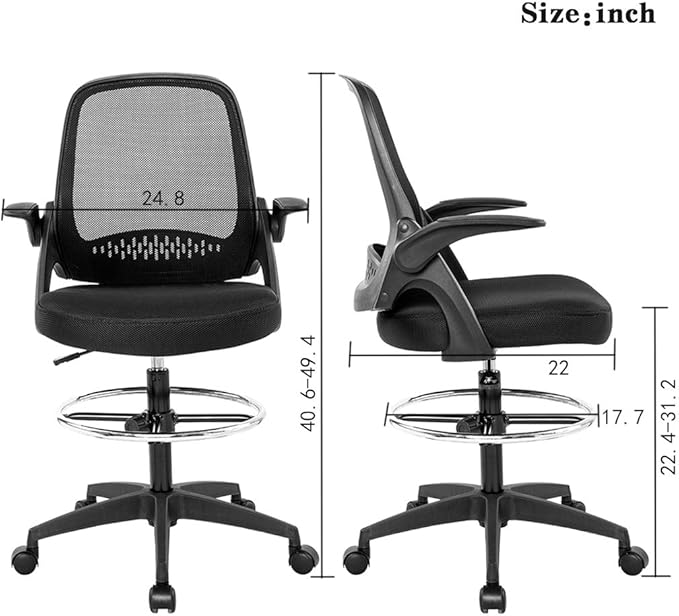 Drafting Chair Tall Office Chair Standing Desk Chair Mesh Computer Chair Adjustable Height with Lumbar Support Flip Up Arms Swivel Rolling Executive Chair,Black …-DeskLoop Office
