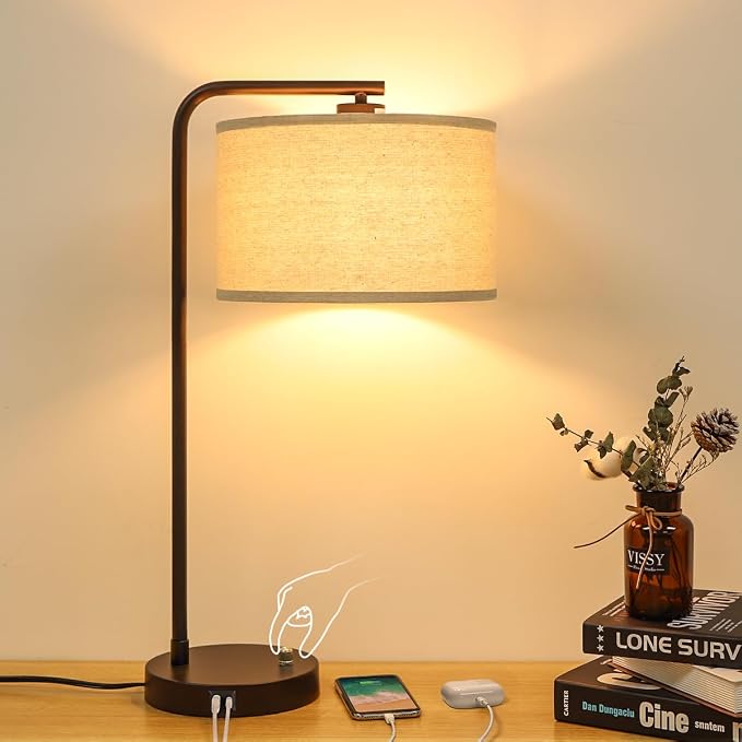25" Tall Table Lamp with USB C+A Ports, Fully Stepless Dimmable Modern by Seasidevillage