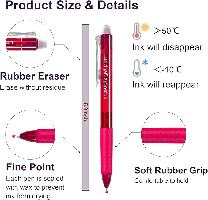 Lineon Erasable Gel Pens, 12 Colors Retractable Fine Point Erasable Pens Clicker - Image 2
