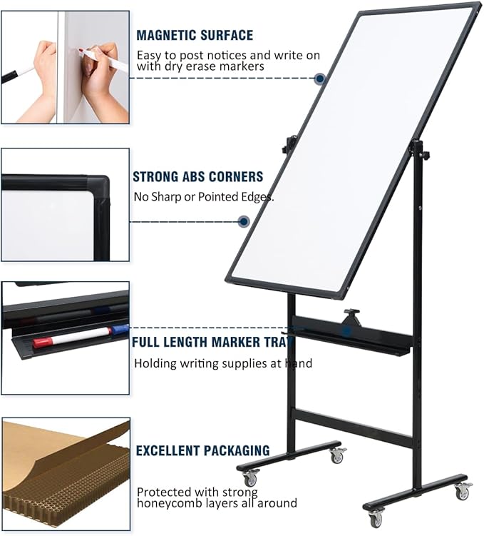 40" x 28" Double-Sided Mobile Whiteboard with Wheels | Rolling Magnetic Dry Erase Board on Stand | Adjustable Height Black Frame White Board for Office, Classroom & Home-DeskLoop Office