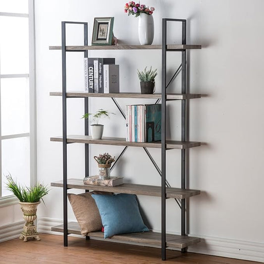 HSH 5-Shelf Vintage Industrial Rustic Bookshelf, 5 Tier Wood and Metal Bookcase, Open Etagere Book Shelf, Farmhouse Wooden Bookshelves, Light Grey Oak-DeskLoop Office