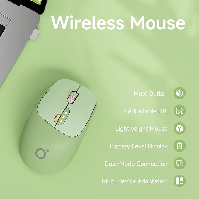 EWEADN Q5 Wireless Mouse, Bluetooth & 2.4G Quiet Computer Mouses with 1600 DPI, Battery Level Display, Ergonomic Office Mouse,6 Button Portable Cute Cordless Mice for Laptop/PC/Mac- Green-DeskLoop Office