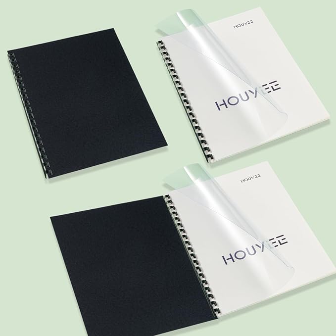 HOUYEE Binding Covers and Combs Set, 8.5x11 Inches, Including 50 Pcs Leather Texture Paper Binding Covers, 50 Pcs 8 Mil Clear PVC Sheets and 20 Pcs Assorted Combs-DeskLoop Office