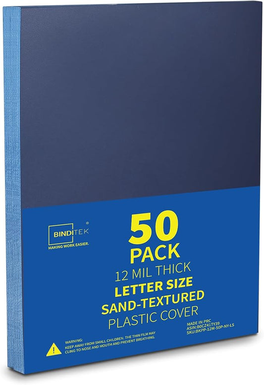 Binditek 50 Pack 12 Mil Sand-Textured Polycover, Midweight Binding Front and Back Covers, Lightly Textured Sand Finish, 8-1/2" x 11", Square Corners, Un-Punched, Navy, Office Supplies
