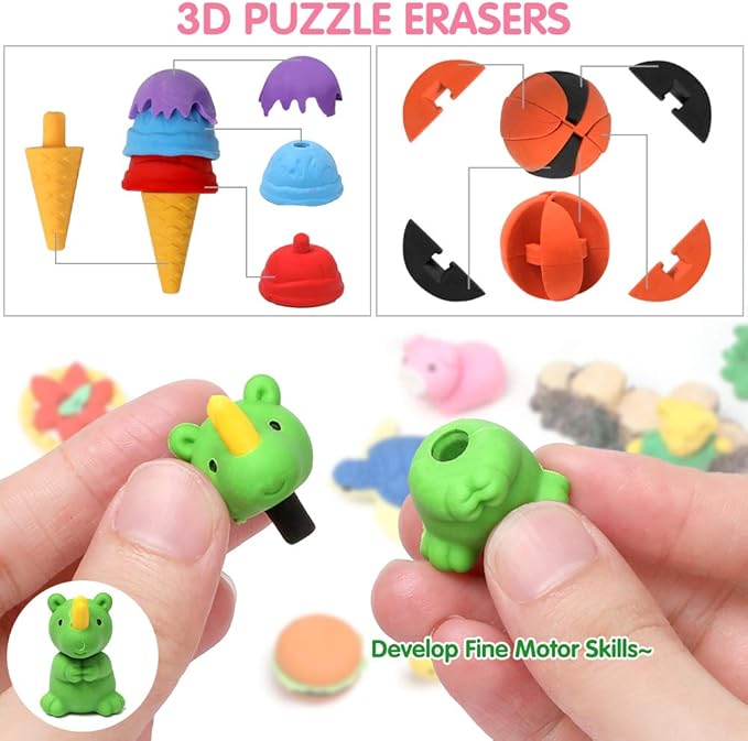 50 Pack Pencil Erasers Animal Eraser for Kids Puzzle Erasers 3D Mini Food Sport Fruit Take Apart Eraser Classroom Rewards Game Prizes Treasure Box Party Favors for Kid Gifts Easter Egg Fillers-DeskLoop Office