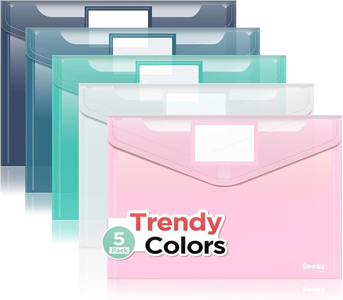 Sooez 5 Pack Plastic Envelopes, Plastic File Folders, Super Heavyweight by Sooez
