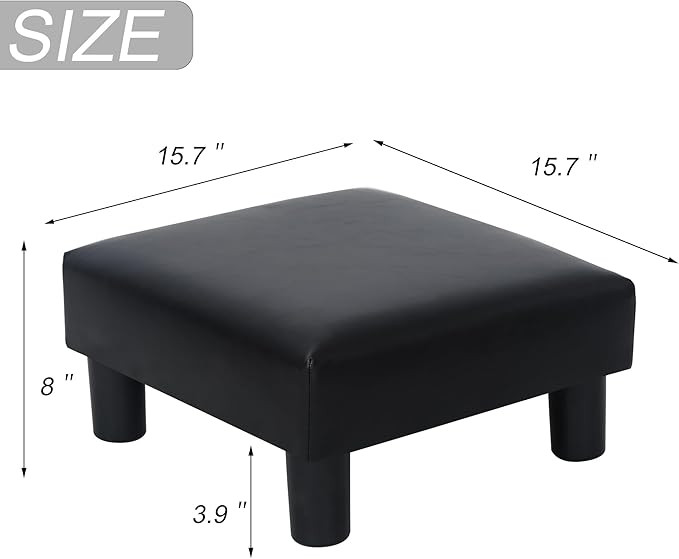 Joveco Small Footstool Ottoman, PU Leather Square Upholstered Footrest with Plastic Legs, Under Desk Foot Stools for Living Room Bedroom Office, Black-DeskLoop Office