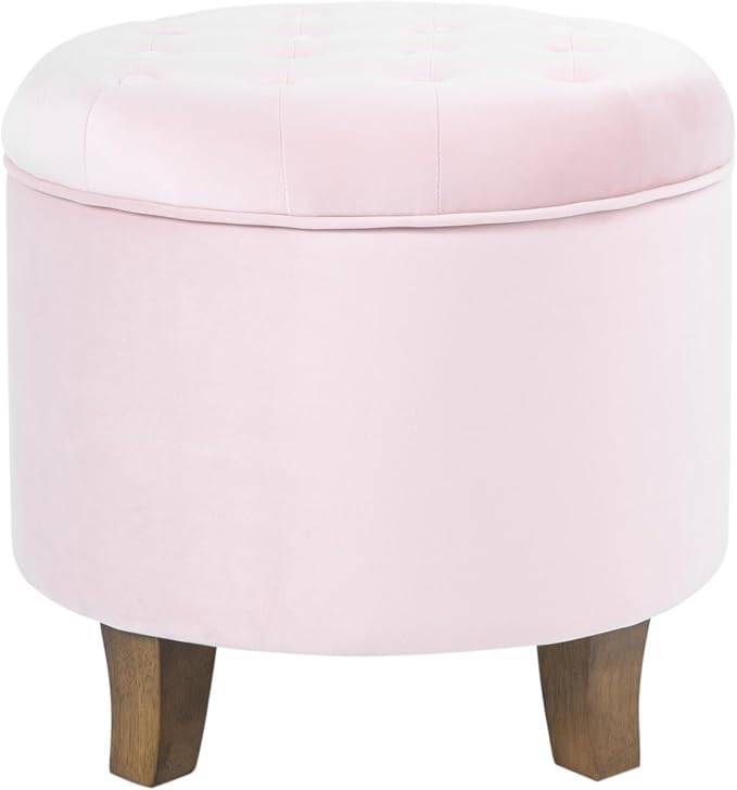 HomePop by Kinfine Fabric Upholstered Round Storage Ottoman - Velvet Button Tufted Ottoman with Removable Lid, Pink, Small-DeskLoop Office