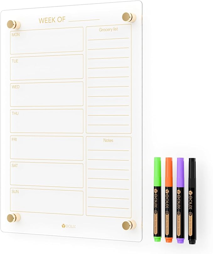 Clear Glass Weekly Dry Erase Calendar & Menu Non-Magnetic Whiteboard by Yeoux