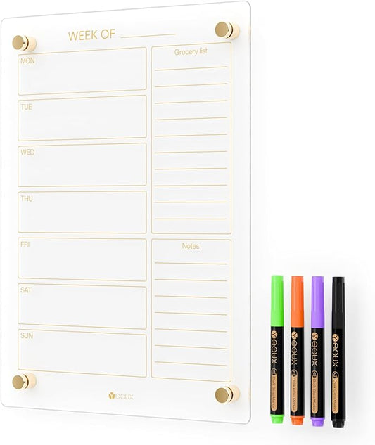 Clear Glass Weekly Dry Erase Calendar & Menu Non-Magnetic Whiteboard by Yeoux