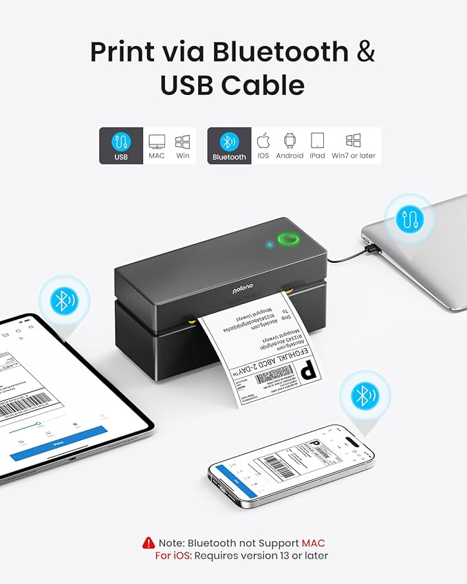 POLONO Bluetooth Thermal Shipping Label Printer, Wireless 4x6 Shipping Label Printer for Small Business, Support iOS, Android, Windows and Mac, Compatible with Amazon, Ebay, Shopify, Etsy, USPS(Black)-DeskLoop Office