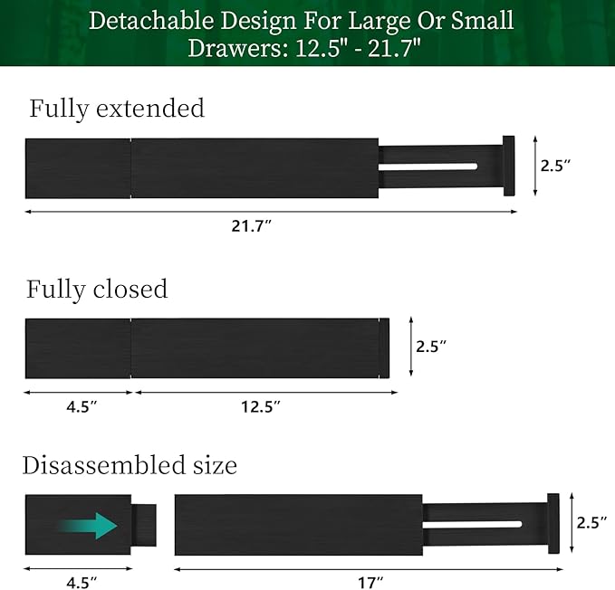 FJO 4 Pack Adjustable Bamboo Drawer Dividers - 12.5" - 21.7" Expandable Drawer Separators for Kitchen, Utensils, Clothes, Bedroom, Dresser, Bathroom (Black)-DeskLoop Office