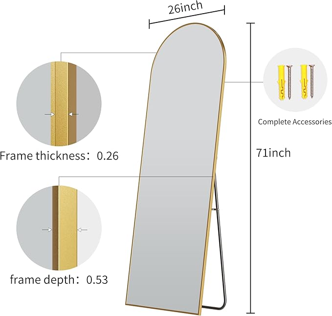 26x71 Inch Full Body Mirror - Large Arched Full Length Mirror with Stand Aluminum Frame Wall Mounted Leaning for Bedroom Living Room-DeskLoop Office