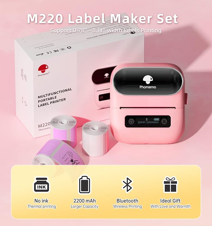 Phomemo M220 Label Maker, 3.14 Inch Bluetooth Thermal Label Printer, Compatible with Phone & PC, for Barcode, Address, Mailing, Home,Office,School-DeskLoop Office