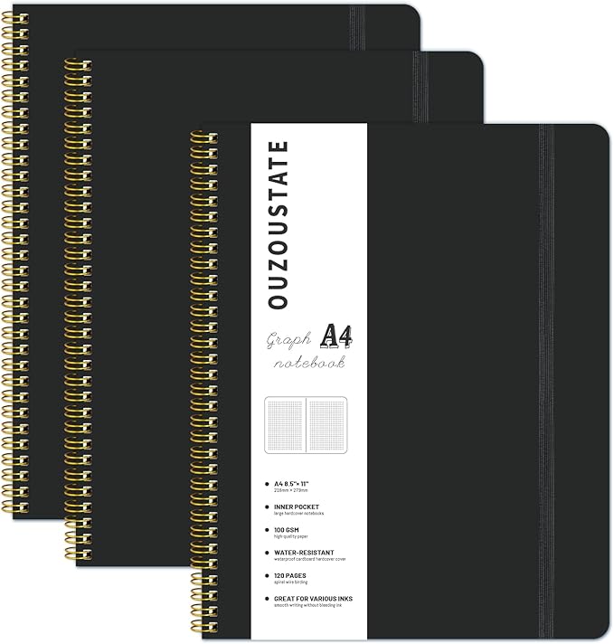 Spiral Graph Notebook 8.5” x 11”, A4 Black Grid Paper Notebook, 120 Pages 100GSM Thick Large Graphing Notebook，Hardcover Spiral Notebook Journals for Work School Engineering-DeskLoop Office