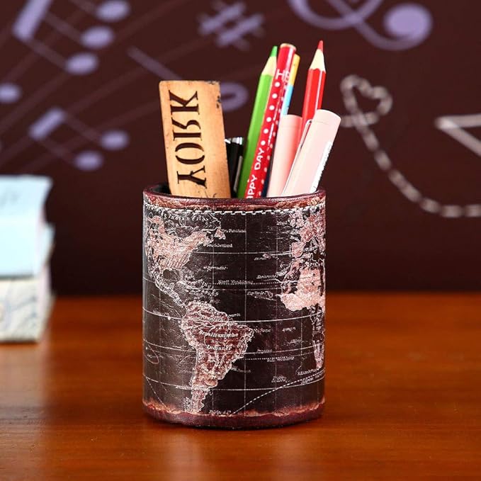 Black World Map Pencil Holder for Desk, PU leather Pencil Cup, Globe Pen Holder for Desk Office Supply Organizer PH46-DeskLoop Office