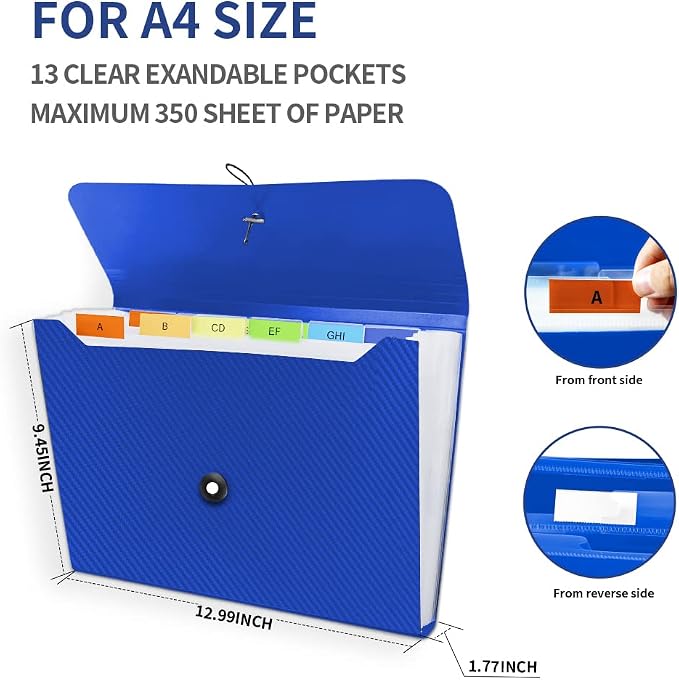 Expanding File Folder, 13 Pockets Accordian File Holder Organizer, A4 Letter - Image 3