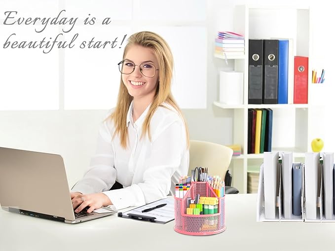 Sturdy Rotating Pen Holder, Cute Metal Pencil Holder, Large Mesh Pen Organizer for Desk, Premium Friendly Office Desk Accessories & Workspace Organizers, Pink-DeskLoop Office