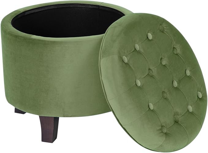 HomePop by Kinfine Fabric Upholstered Round Storage Ottoman - Velvet Button Tufted Ottoman with Removable Lid, Dark Green Small-DeskLoop Office