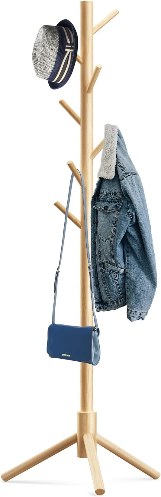 Wooden Tree Coat Rack Stand,Sturdy Freestanding Coat Rack with 8 Hooks,3 Adjustable Height for Child Adult,Wood Coat Stand Tree Fits Entryway Bedroom Office for Bags,Hats-DeskLoop Office