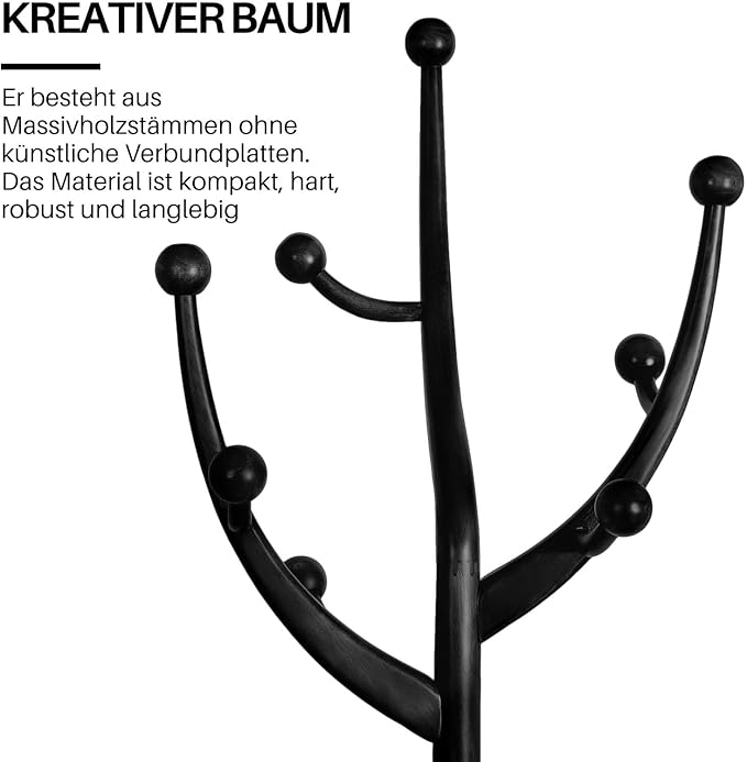 Heavy Duty Coat Rack Freestanding Wood Tree Rack with 8 Hooks, Unique Design Tree Branch-look, Premium Coat Tree Clothes Hanger Stand with Sphere Base for Entryway, Hallway, Bedroom-Load 160lbs Black-DeskLoop Office