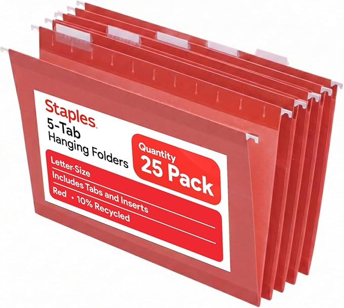 Staples Hanging File Folders, Letter Size, 1/5‑Cut Tabs, Tear‑Resistant Durable by Staples