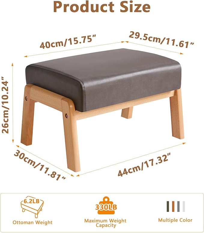 IBUYKE 10.2” H Small Foot Stool Ottoman, Rectangle PU Faux Leather Foot Rest with Padded Seat and Wood Legs, Modern Accent Ottoman Foot Rest for Living Room Bedroom Couch Office, Grey WBD013G-DeskLoop Office