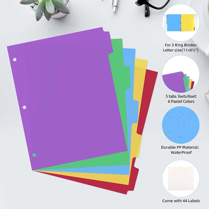 Dividers for 3 Ring Binders, 5 TAB Binder Dividers - Image 4