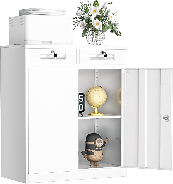 INTERGREAT Metal Cabinet with Drawers, Lockable Metal Storage Cabinets with Doors and Shelves for Garage, White Locking Garage Storage Cabinets 36"×32"×16"-DeskLoop Office