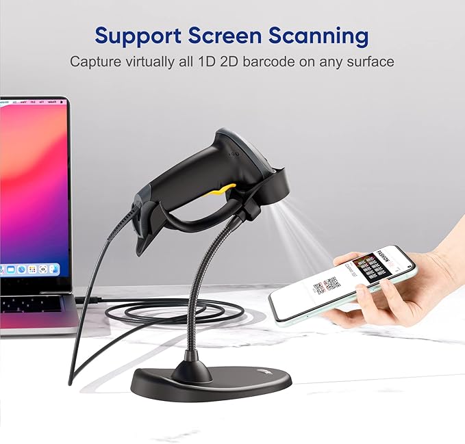 Eyoyo Handheld 2D Barcode Scanner with Gooseneck Stand, Automatic USB Wired QR Code Scanner Bar Code Reader Support Screen Scanning for PC POS System Library Store Supermarket Check-Out, Inventory…-DeskLoop Office
