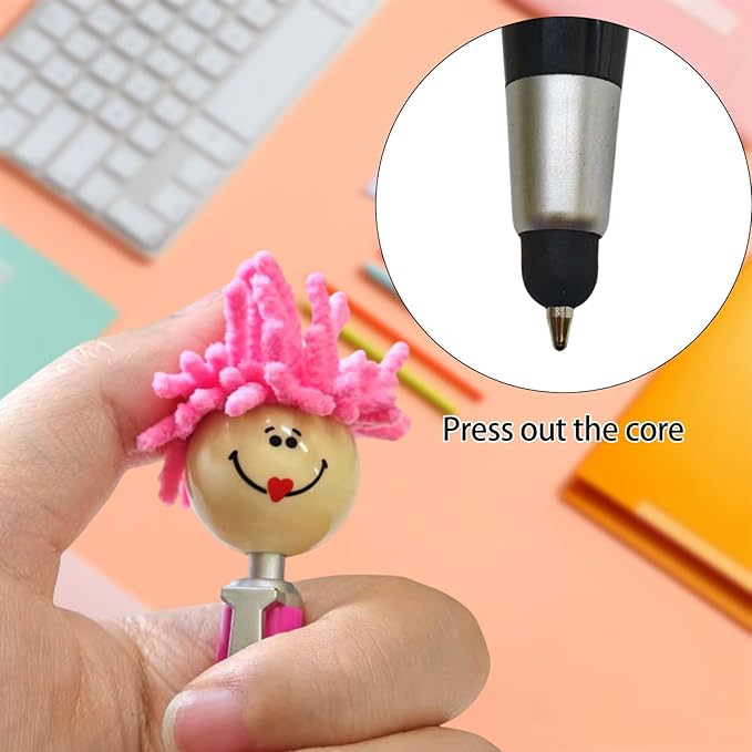 8pcs Mop Head Ballpoint Pens, Funny Mophea Topper Pen with Plush Hair Writing Click Pen Portable Cute Cartoon Multi-function Signing Pens Decor Gift for Office Home Kids and Adultes 8-color outfit-DeskLoop Office