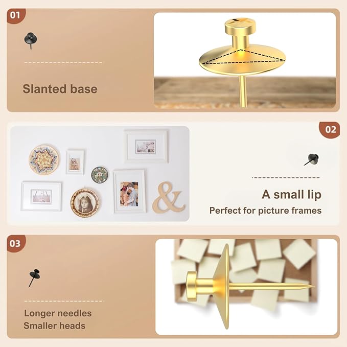 50pcs Gold Thumb Tacks for Picture Hangers - Heavy Duty Push Pins, Double Headed Thumbtacks for Hanging, Metal Wall Tacks, Pins, Nails, Hooks (Gold)-DeskLoop Office