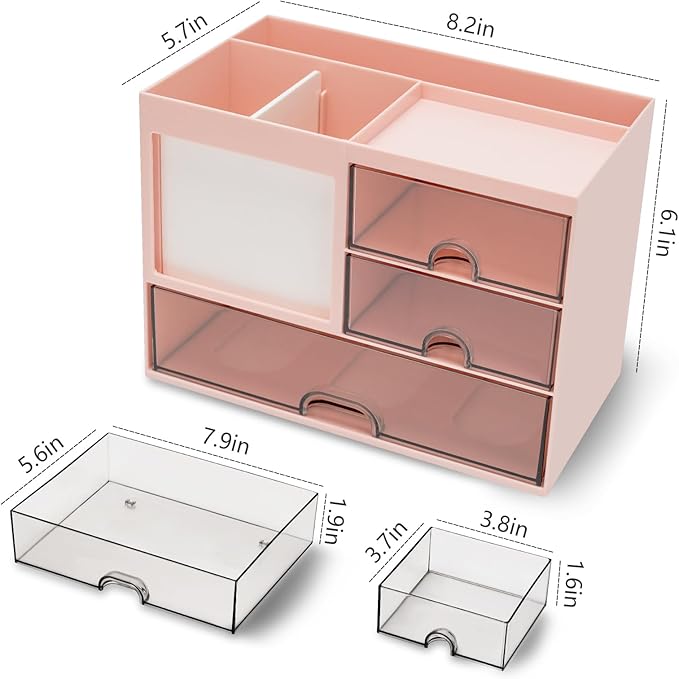 Multi-Functional Desk Organizer with 3 Drawer and 8 Compartments, Pink-DeskLoop Office