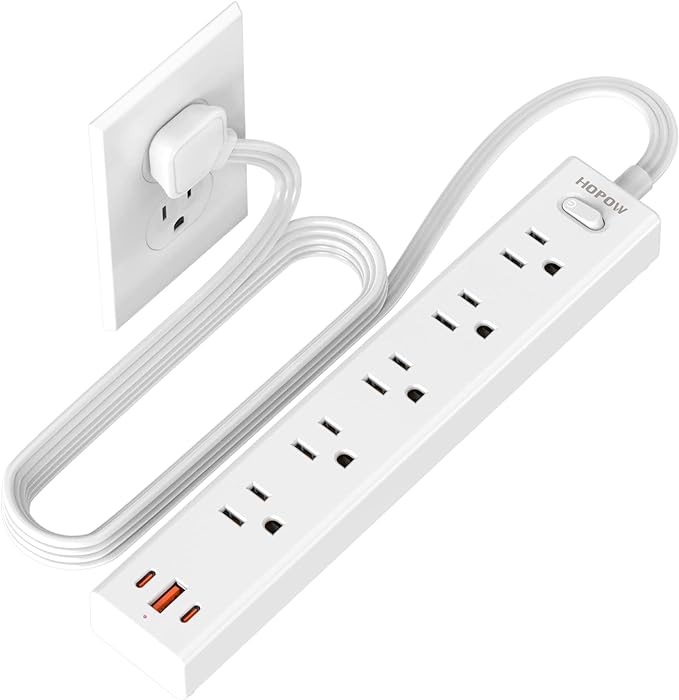 Flat Plug Power Strip, 6 Ft Ultra Thin Flat Extension Cord, Surge Protector with 5 Outlets & 3 USB Ports (2 USB C), 1700 Joules, Wall Mount, Desktop Charging Station for Home Office Dorm, White-DeskLoop Office