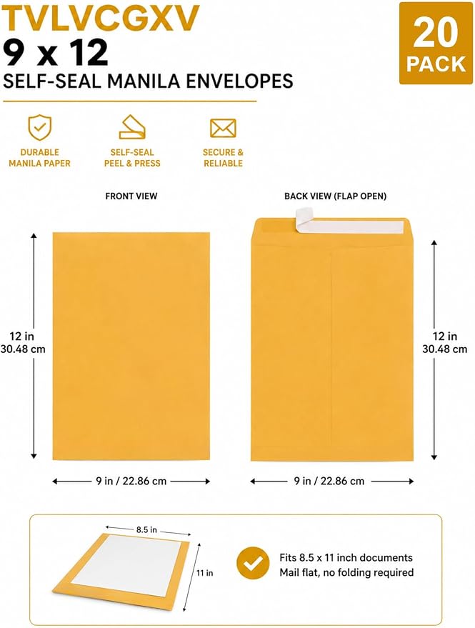 9x12 Manilla Envelopes Self Seal, 20 Pack - Image 2