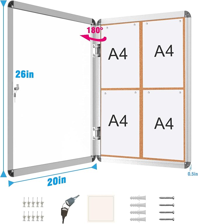 2 Pack 26"x20" Enclosed Bulletin Board, Lockable Weather-Resistant Aluminum Cork Noticeboard for School & Office, Silver Frame w/Cork-DeskLoop Office