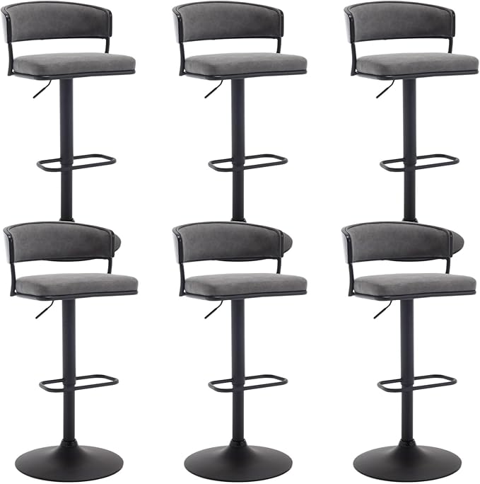 Adjustable Modern Bar Stools Set of 6 Faux Leather Barstools Swivel Counter Height Bar stools with Curved Back/Black Metal Base Comfy Upholstered Bar Chairs for Kitchen Island, Grey-DeskLoop Office