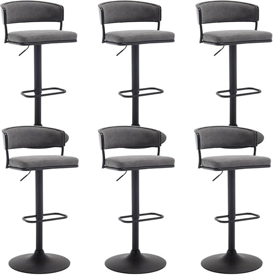 Adjustable Modern Bar Stools Set of 6 Faux Leather Barstools Swivel Counter Height Bar stools with Curved Back/Black Metal Base Comfy Upholstered Bar Chairs for Kitchen Island, Grey-DeskLoop Office